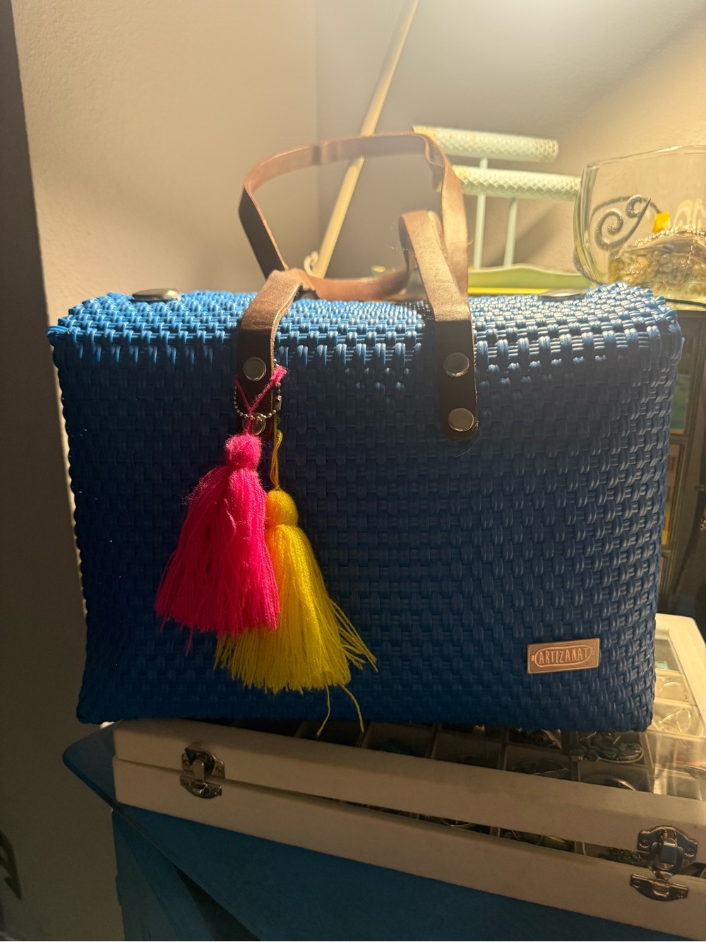 Blue Woven Tote with Pink & Yellow Tassel Accents